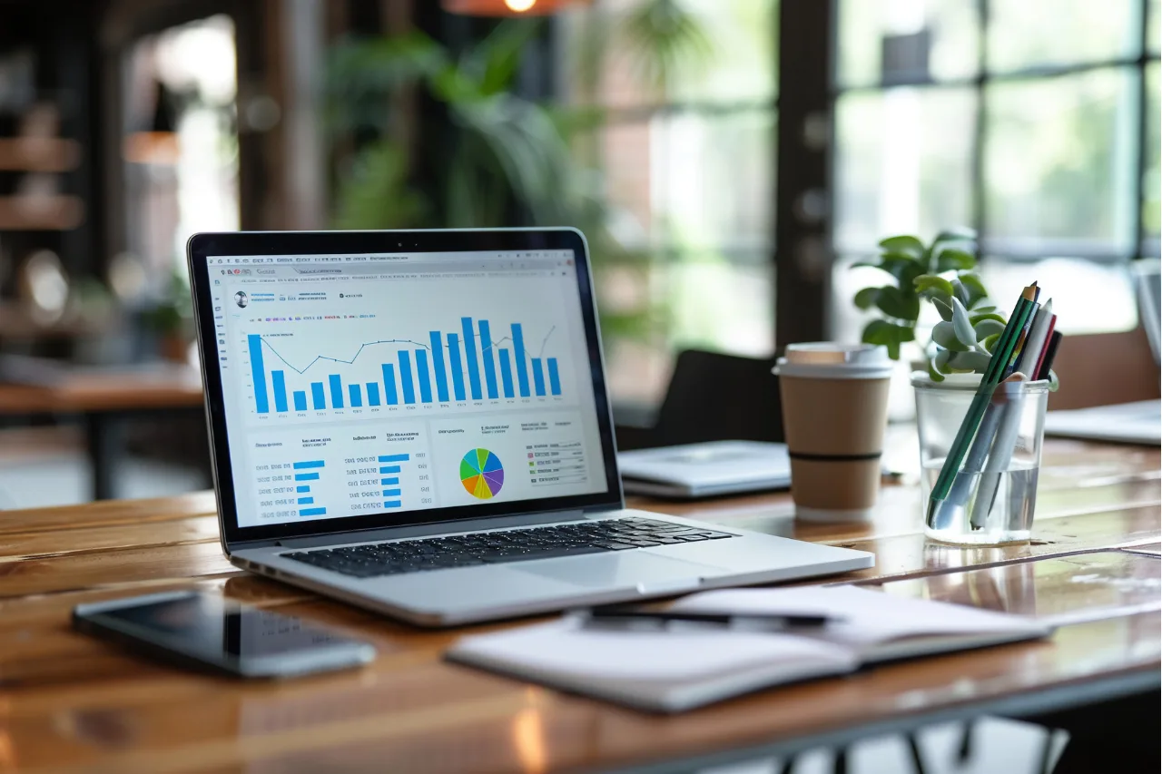 Notebook exibindo painel de indicadores sobre uma mesa de trabalho