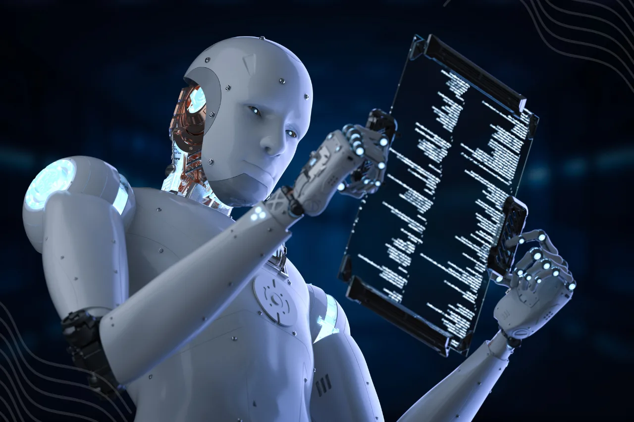 Robô humanoide lendo informações em uma tela digital